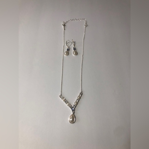 SHA 18" WHITE RHINESTONE PEARL TEARDROP PENDANT NECKLACE Jewerly Set - Picture 10 of 12